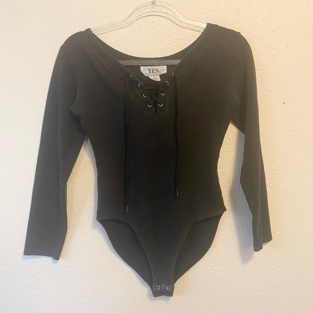 Black 1990s bodysuit lace up with snap crotch vintage